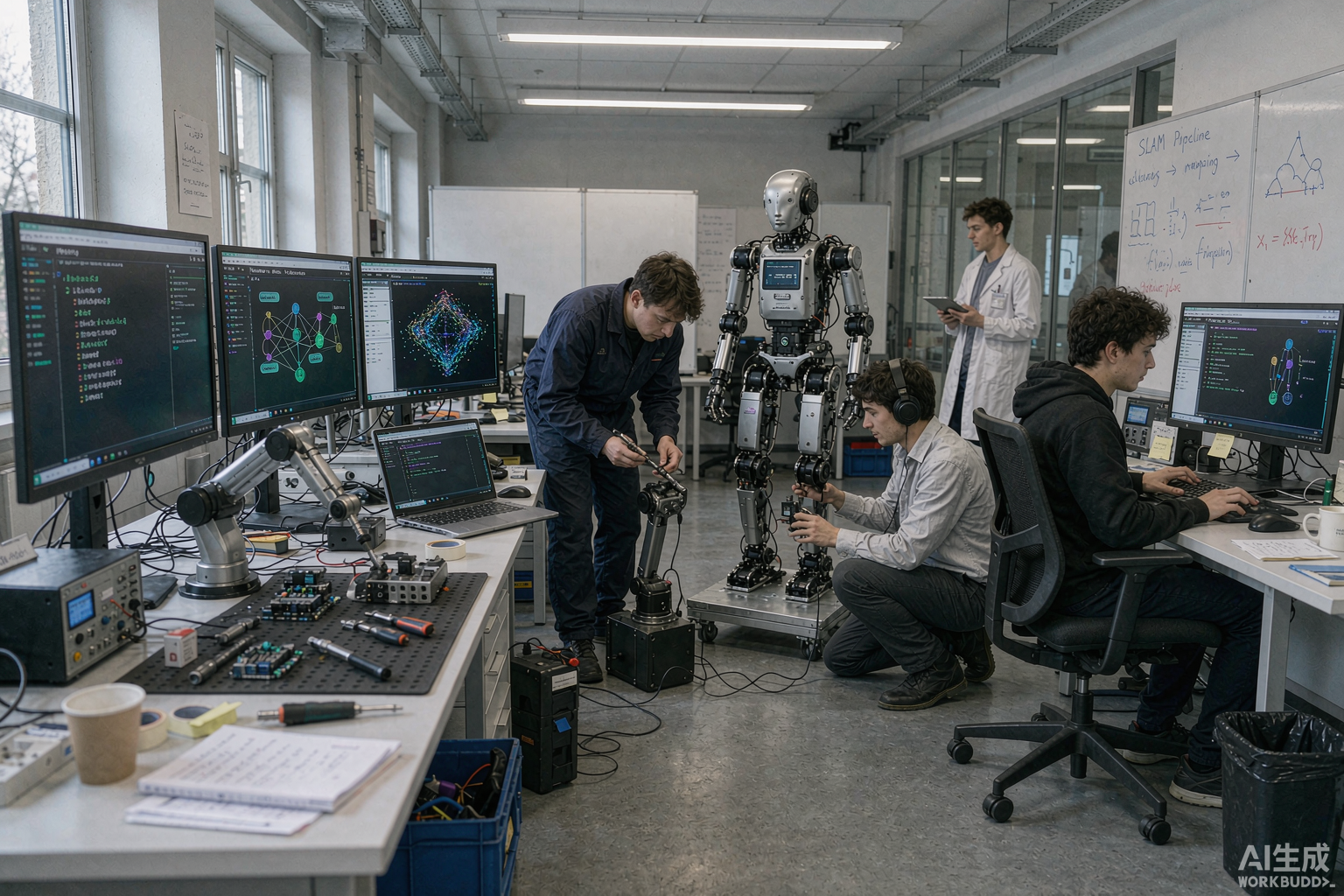 福建经世致用教育科技有限公司的人工智能与机器人实训实验室内景：工程师与学生正在调试机械臂和桌面机器人